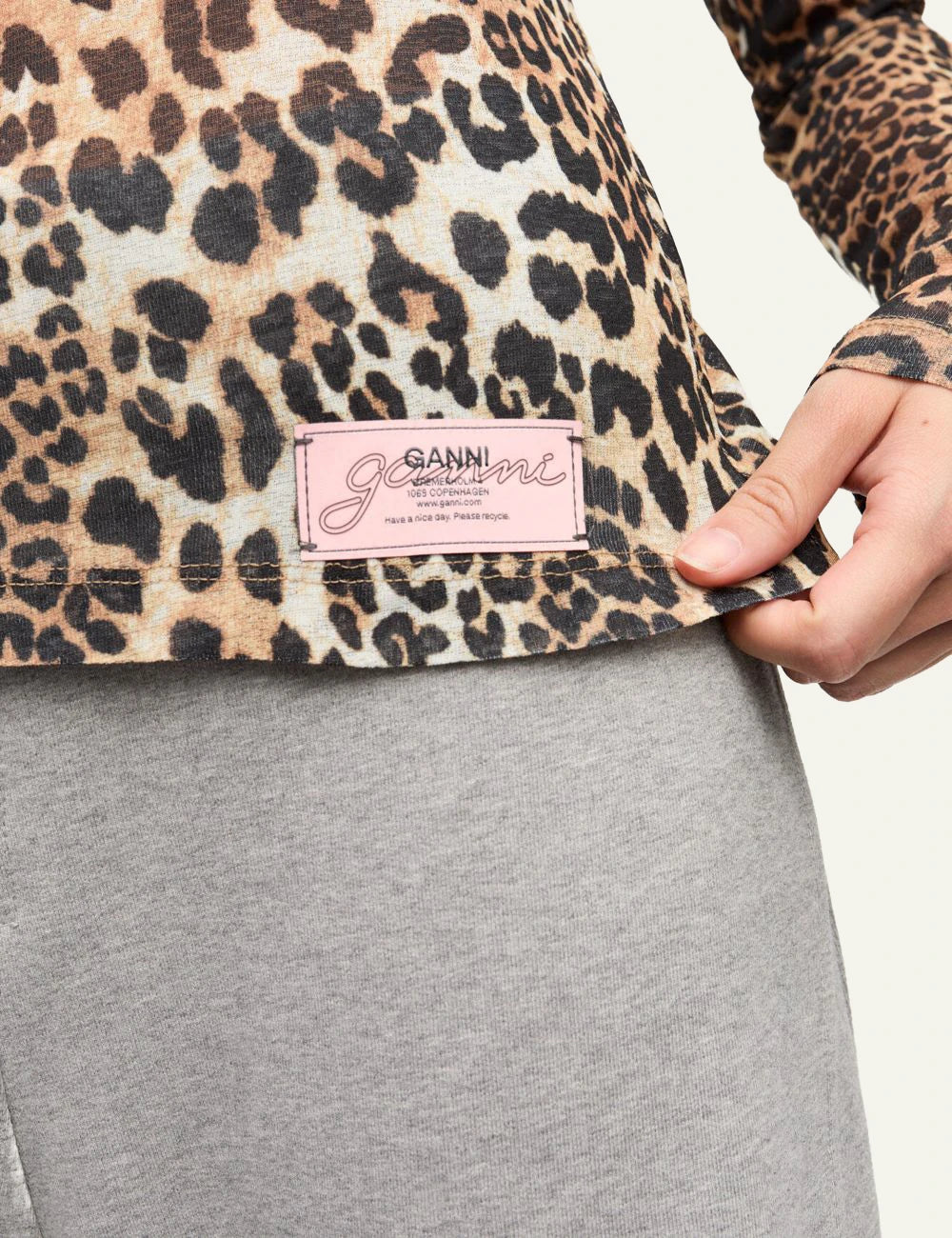 GANNI leopard rib long sleeve top logo view