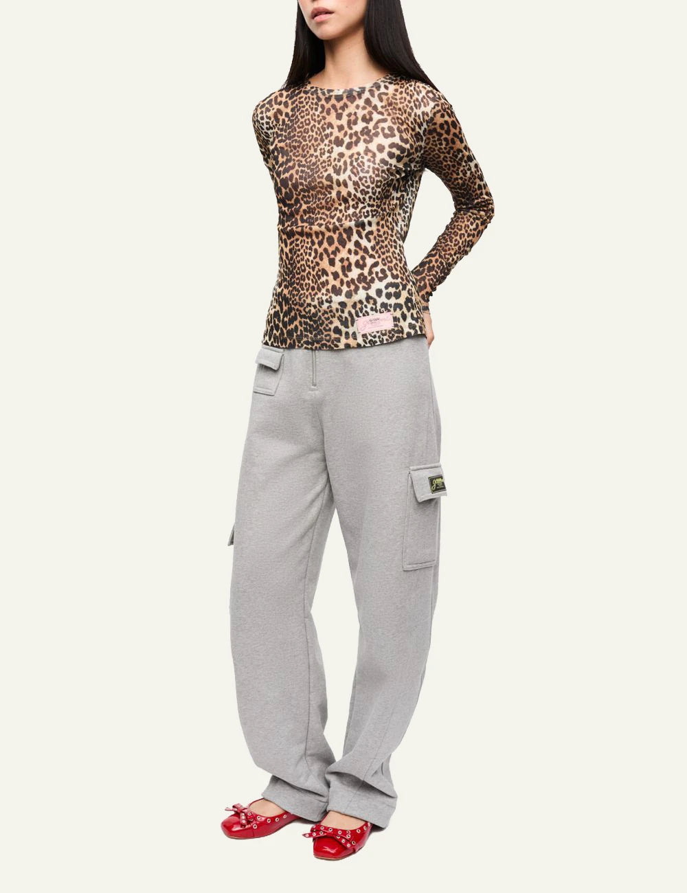GANNI leopard rib long sleeve top front view full body