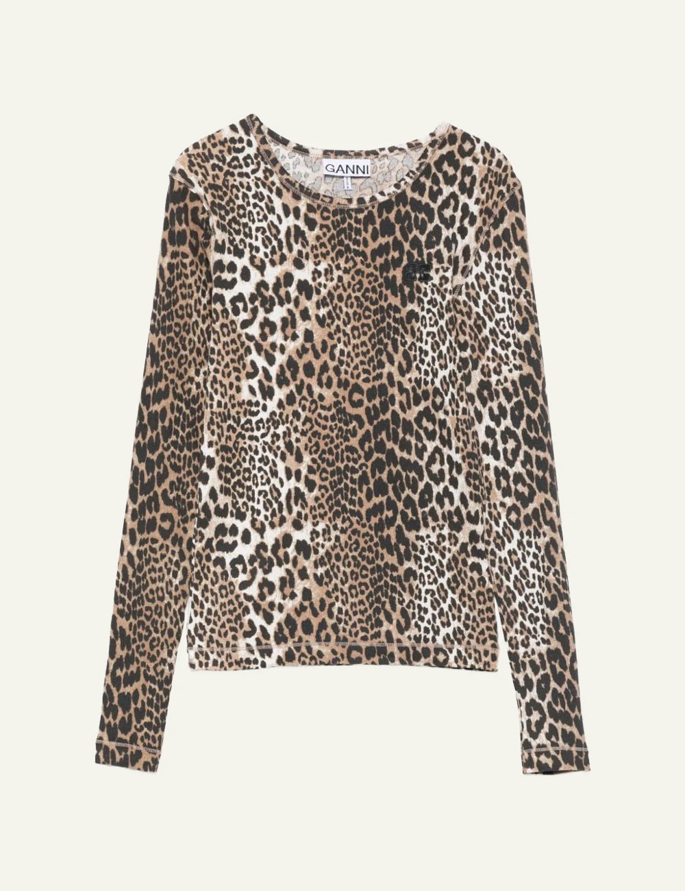 Ganni leopard print ribbed long sleeve top front view