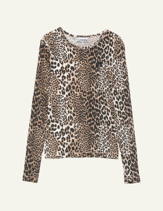 Ganni leopard print ribbed long sleeve top front view
