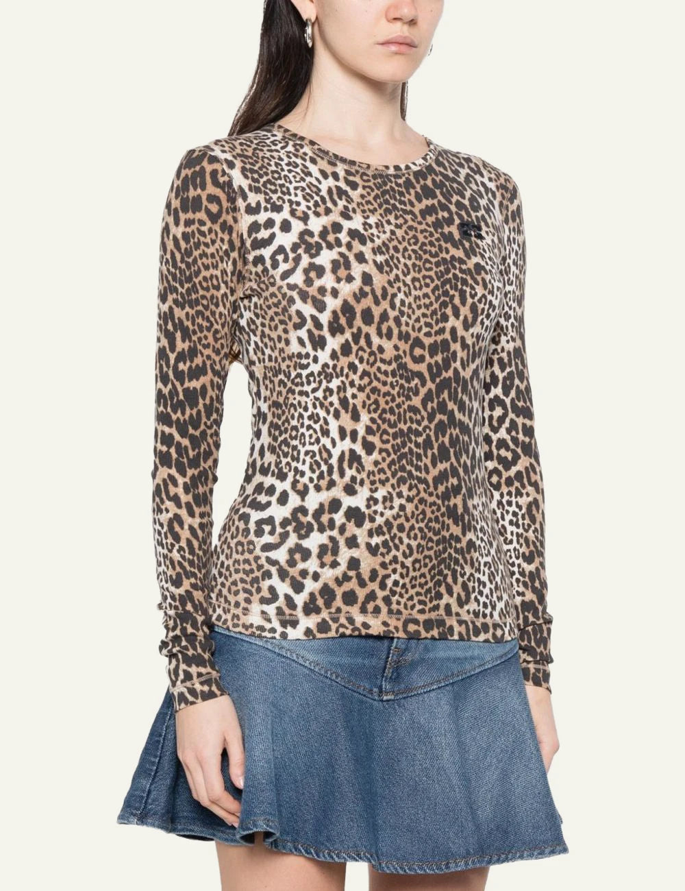 Ganni leopard print ribbed long sleeve top side view