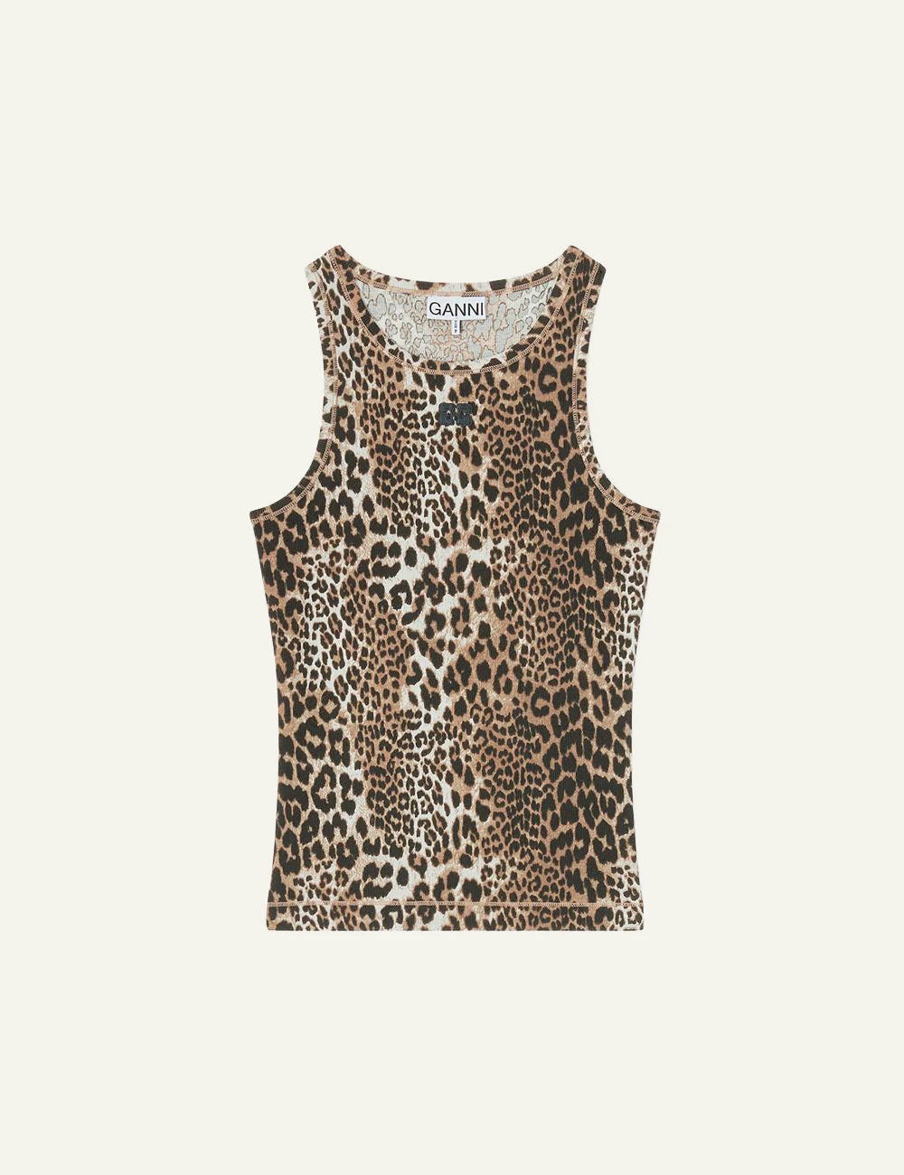 Ganni leopard print sleeveless top with logo front view