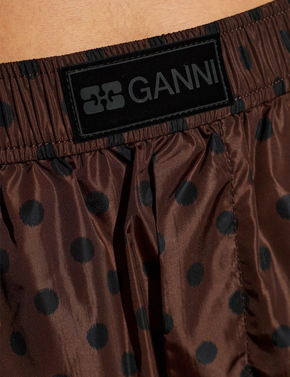 Men's Ganni brown polka dot shorts with elasticated waistband logo