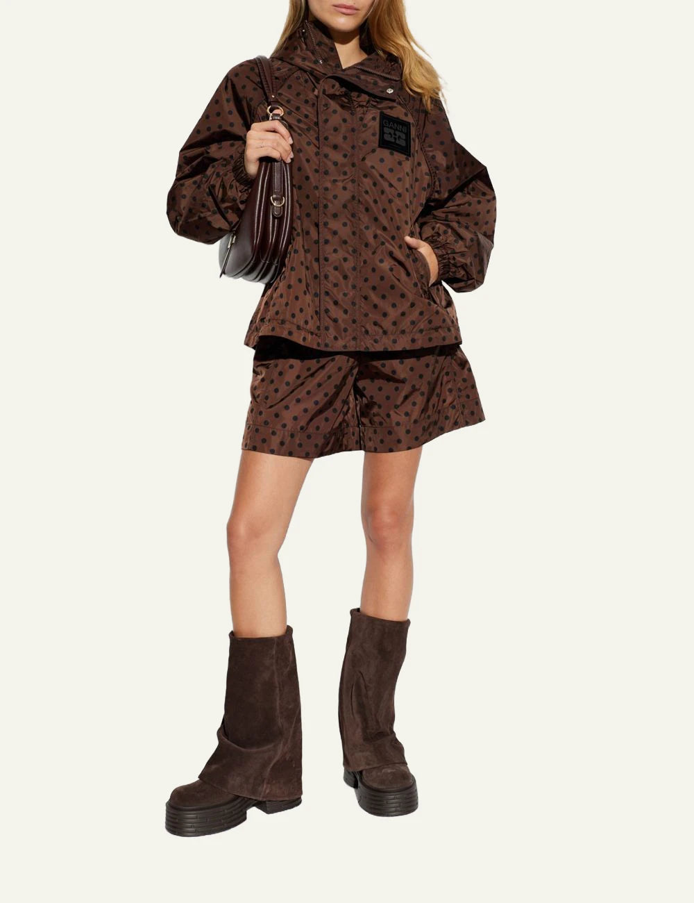 Men's Ganni brown polka dot shorts with elasticated waistband full body