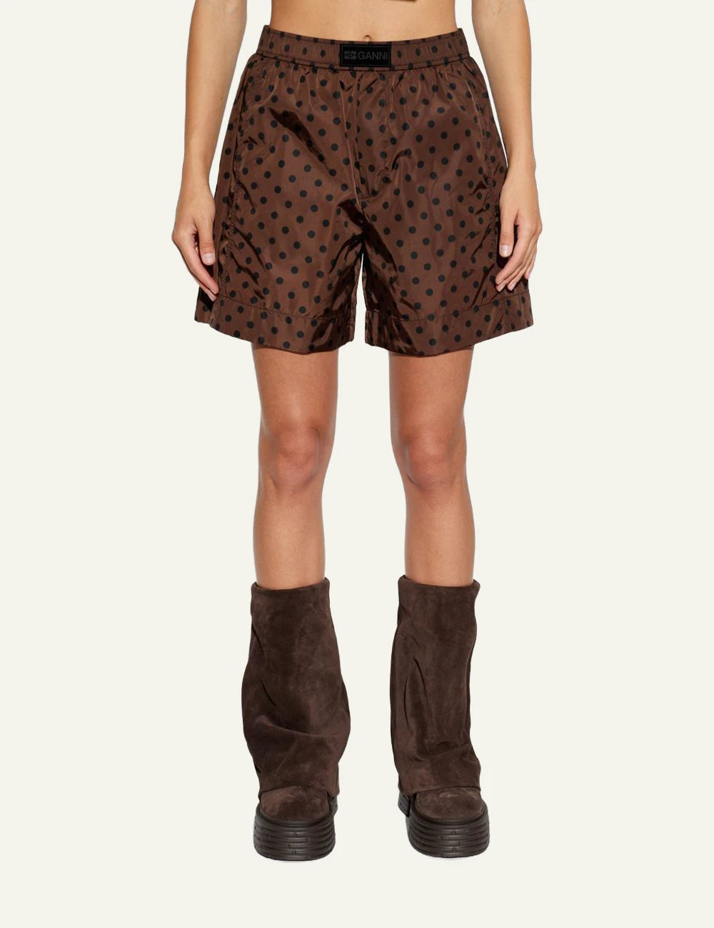 Men's Ganni brown polka dot shorts with elasticated waistband detail
