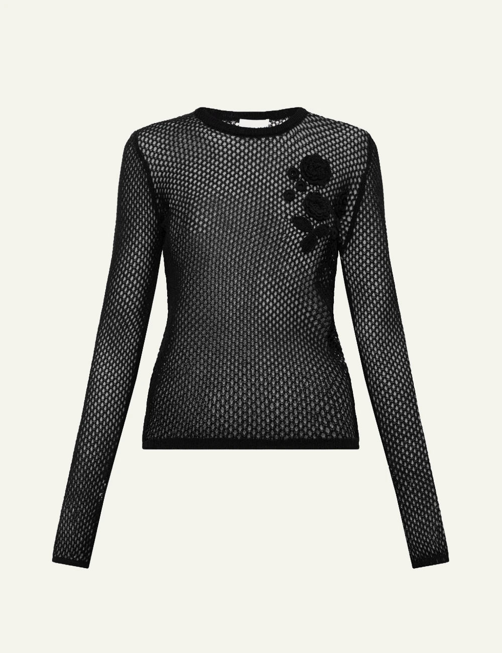Ganni mesh pointelle top black long sleeve floral detail front