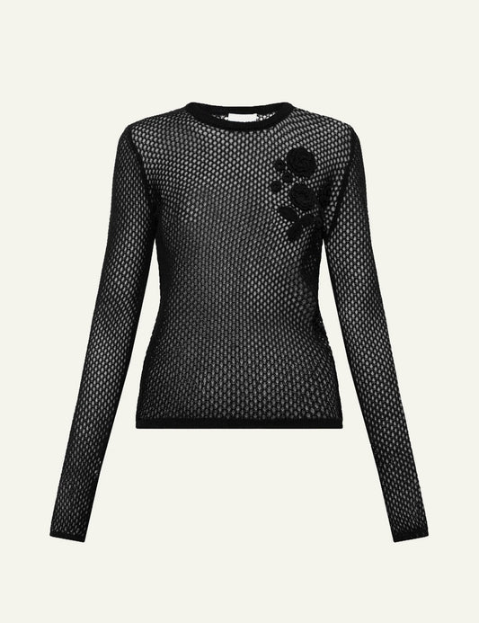 Ganni mesh pointelle top black long sleeve floral detail front