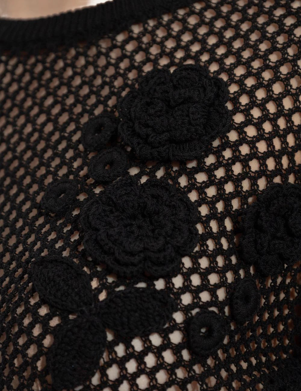 Ganni mesh pointelle top black long sleeve floral detail front detail