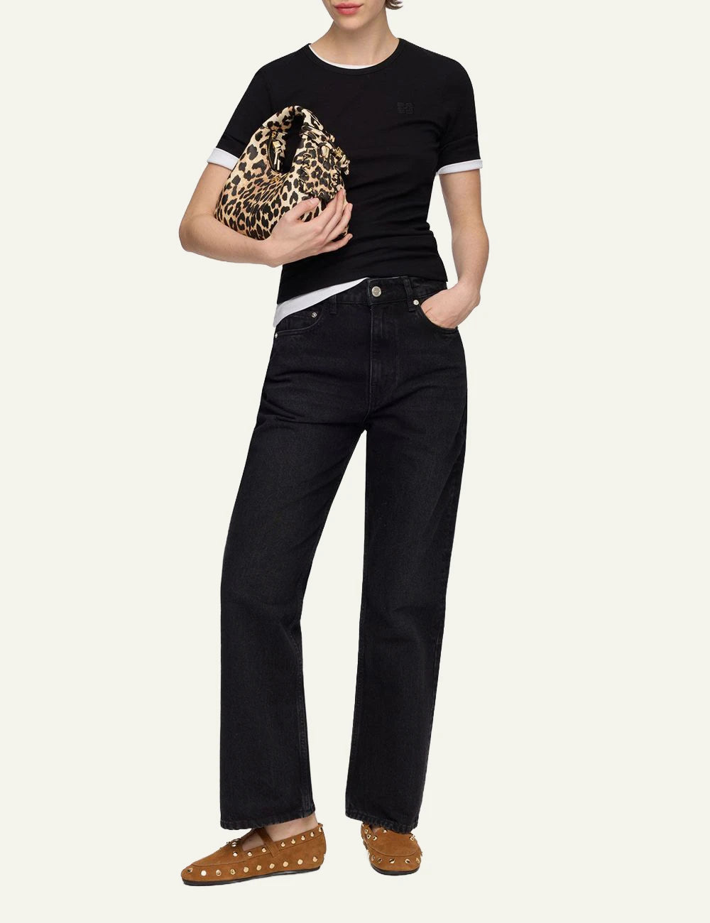 Ganni cropped bootcut jeans mid rise denim front full body view