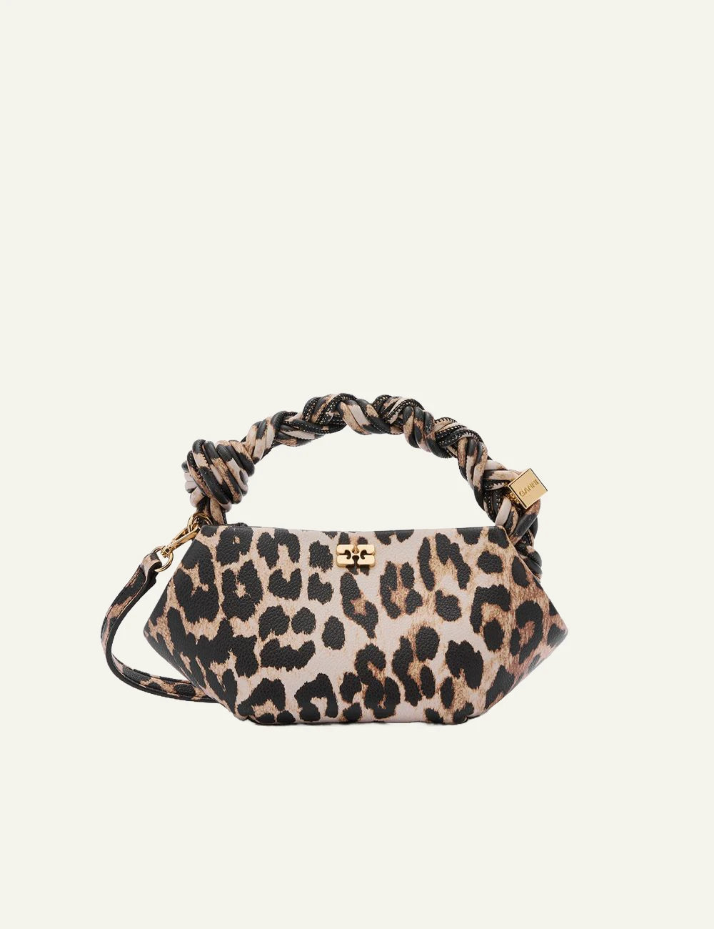 GANNI mini bag braided handle leopard print front view