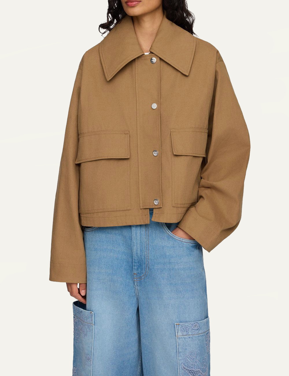 Ganni organic cotton jacket camel front model view