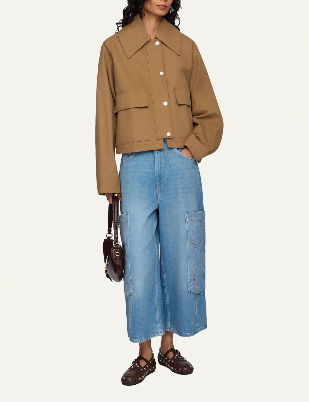Ganni organic cotton jacket camel front full body view