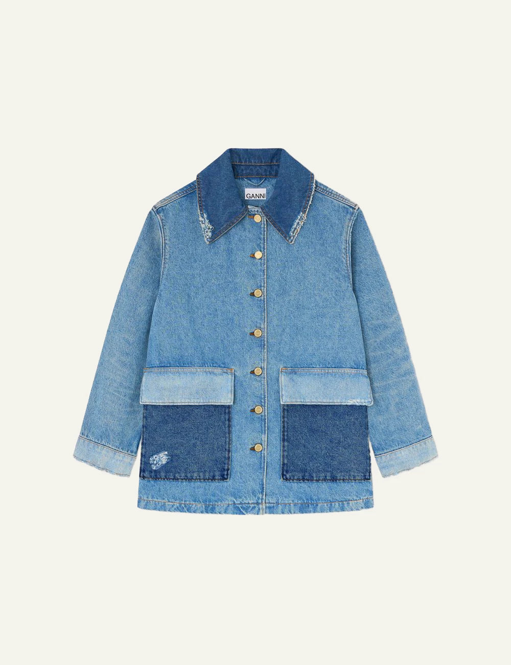 Ganni oversized denim jacket with patch pockets front view