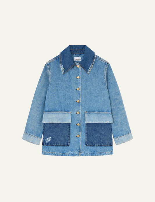 Ganni oversized denim jacket with patch pockets front view