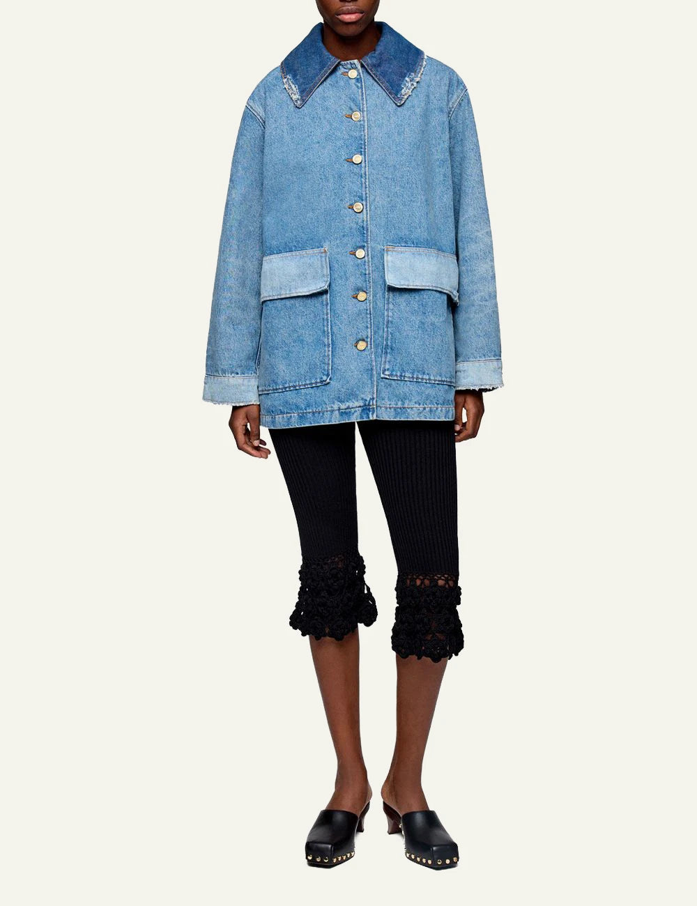 Ganni oversized denim jacket with patch pockets front full body view