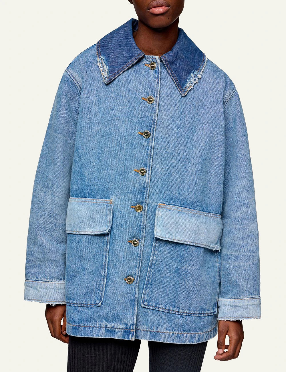 Ganni oversized denim jacket with patch pockets front model view