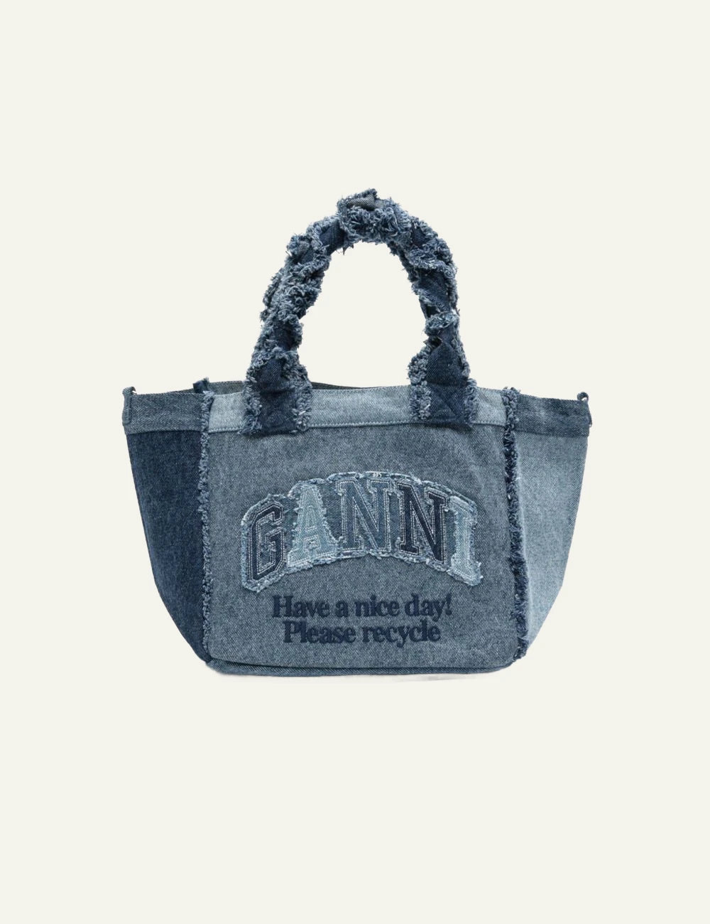 Ganni denim tote bag blue patchwork logo embroidery front view