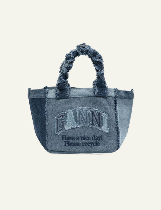 Ganni denim tote bag blue patchwork logo embroidery front view