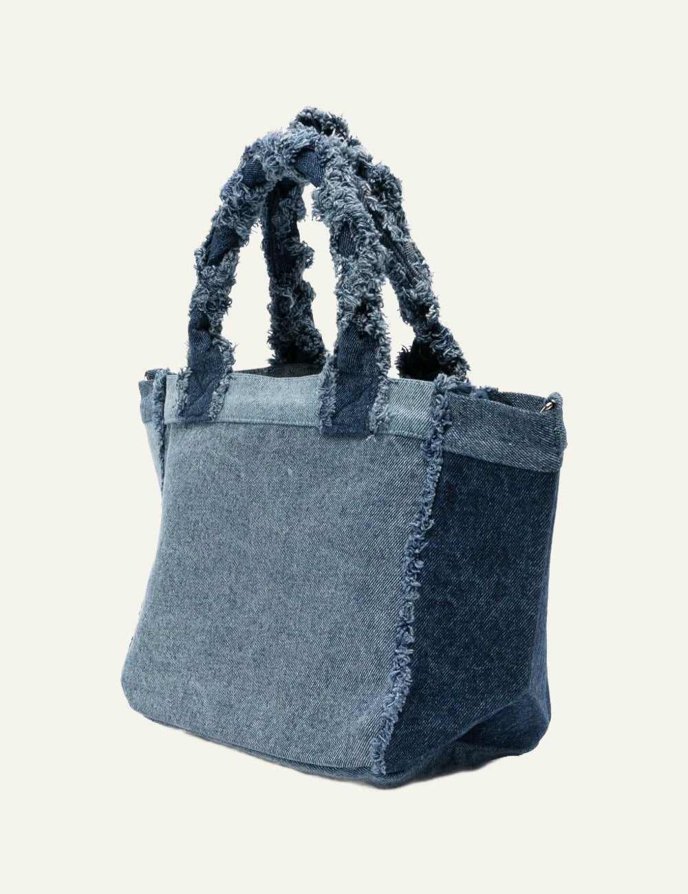 Ganni denim tote bag blue patchwork logo embroidery side view