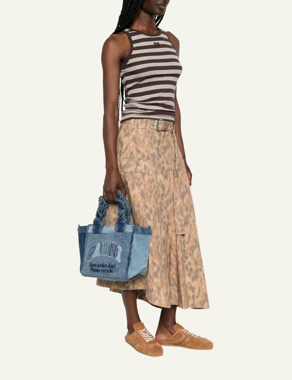 Ganni denim tote bag blue patchwork logo embroidery front model view