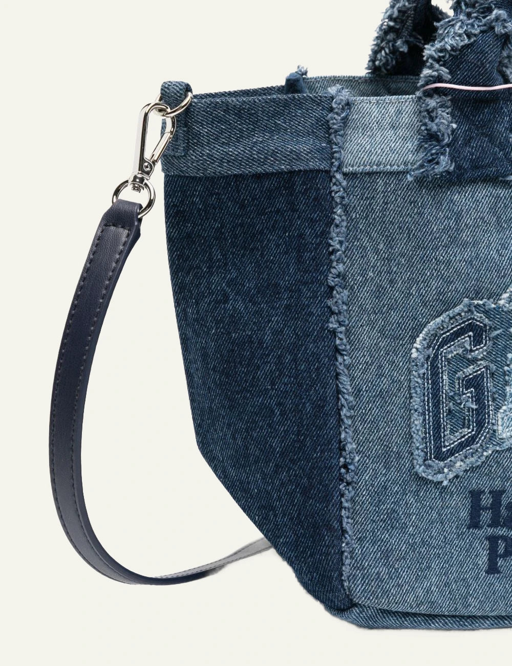 Ganni denim tote bag blue patchwork logo embroidery side view