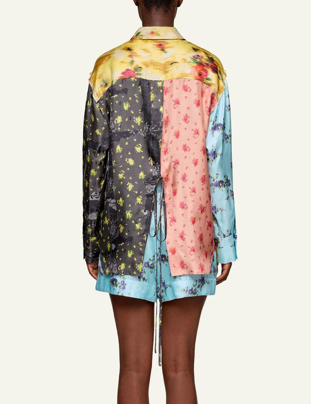 Ganni patchwork floral silk shirt multicolor with tie detail back view