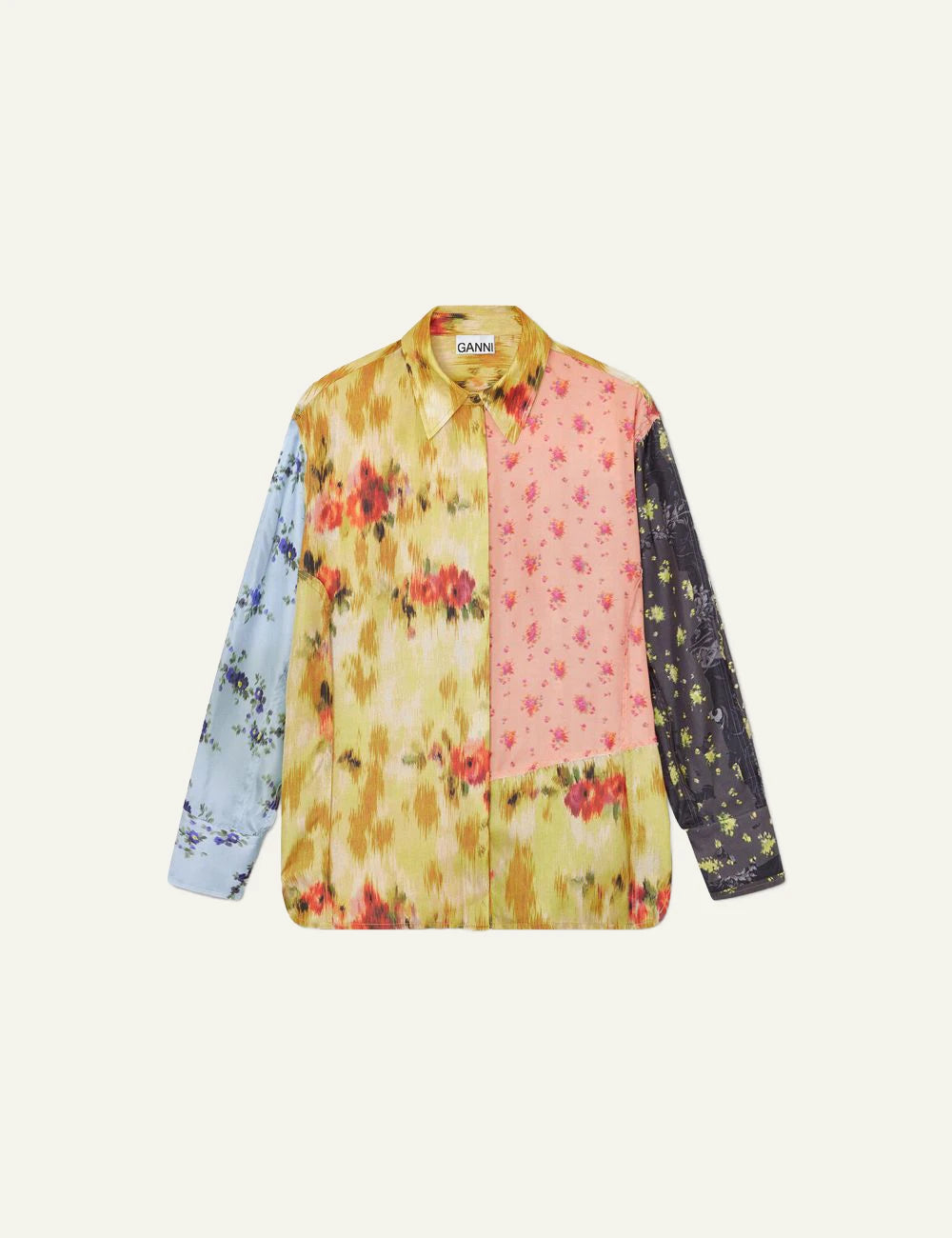 Ganni patchwork floral silk shirt multicolor with tie detail front view
