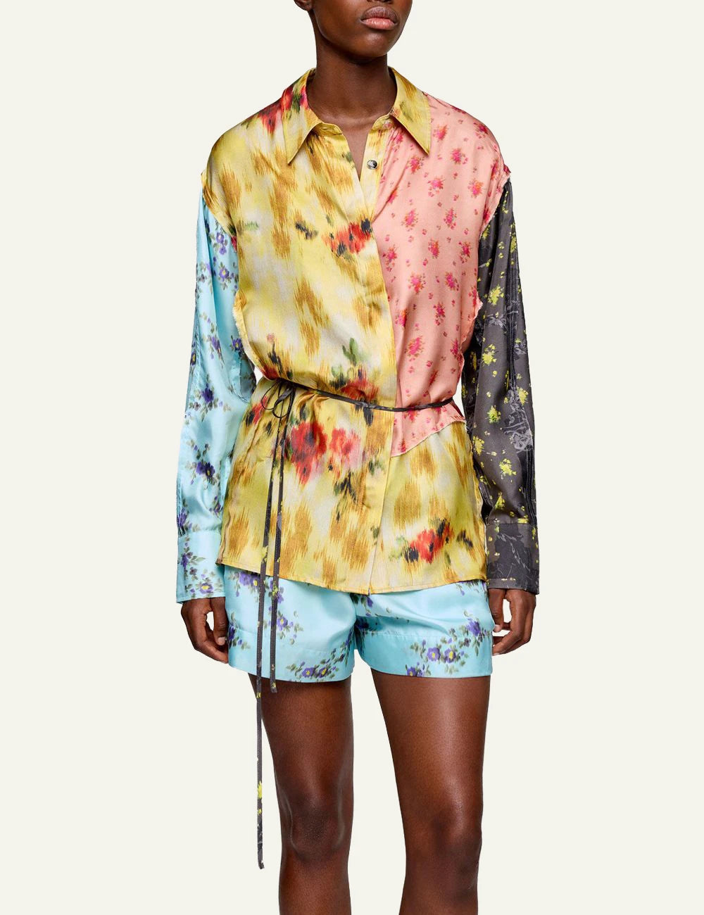 Ganni patchwork floral silk shirt multicolor with tie detail front detail view
