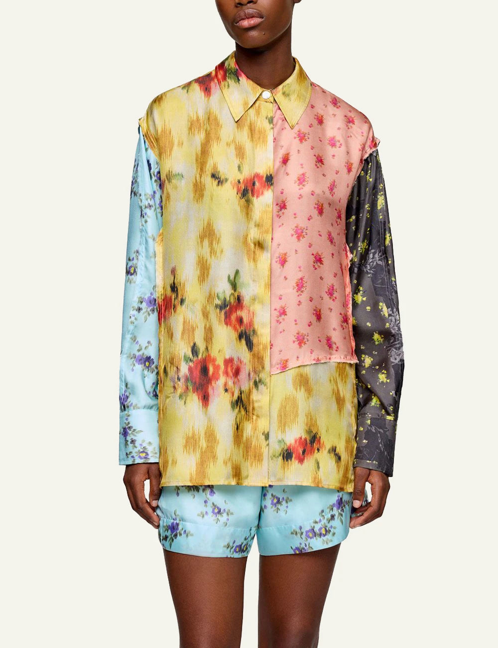 Ganni patchwork floral silk shirt multicolor with tie detail front model view