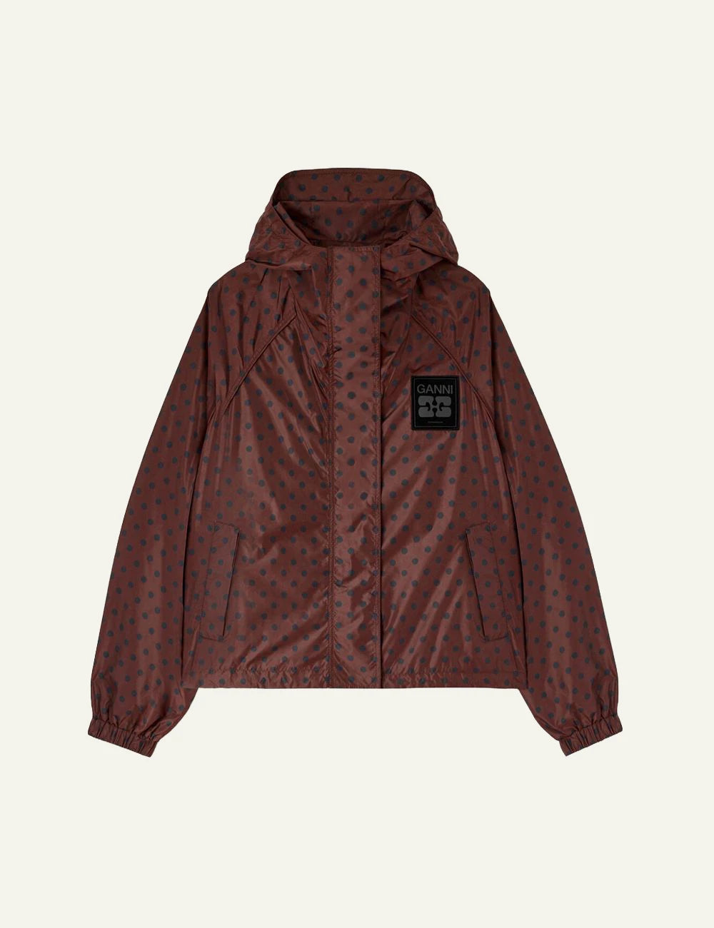 Ganni brown polka dot hooded jacket with logo patch front view