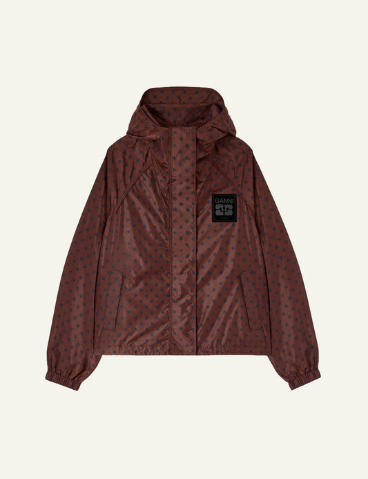 Ganni brown polka dot hooded jacket with logo patch front view