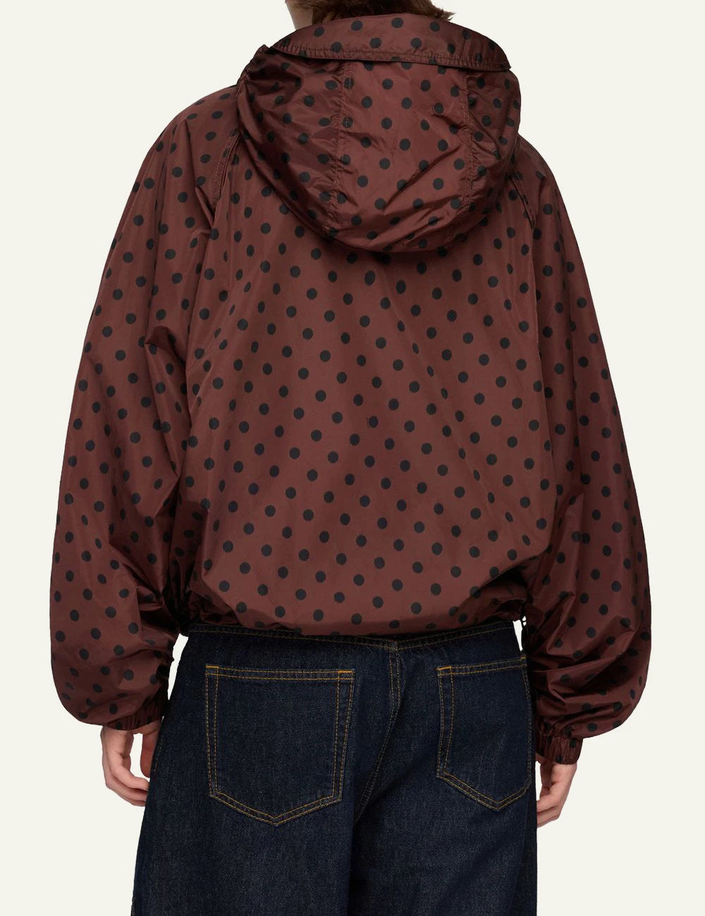 Ganni brown polka dot hooded jacket with logo patch back view