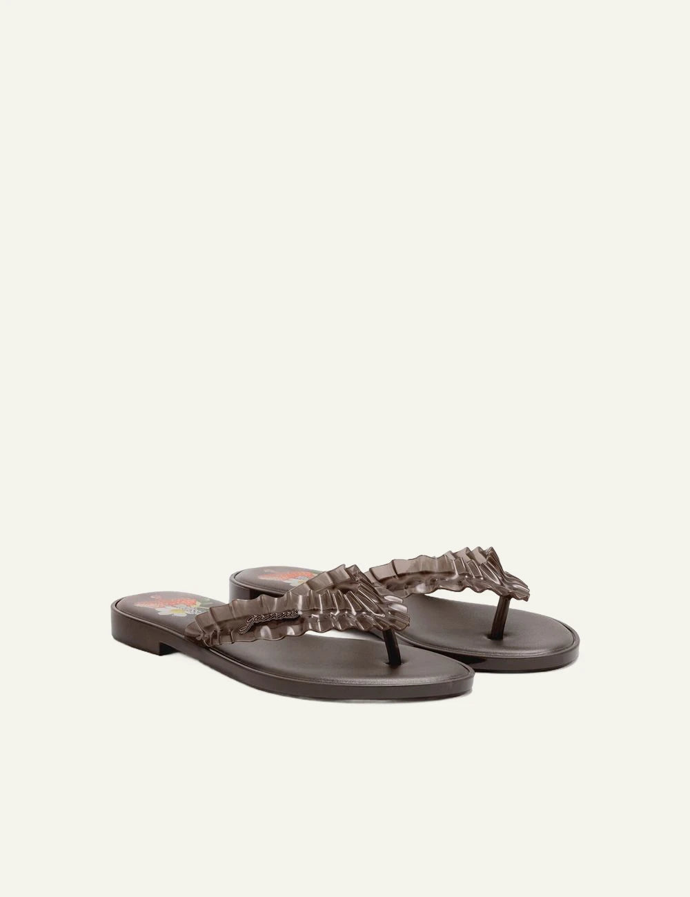 Ganni brown flip flop sandal with ruffle strap profile view