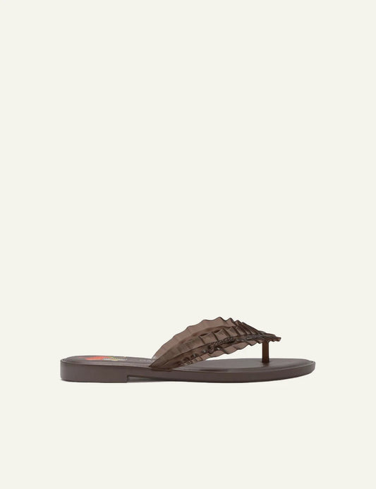 Ganni brown flip flop sandal with ruffle strap side view