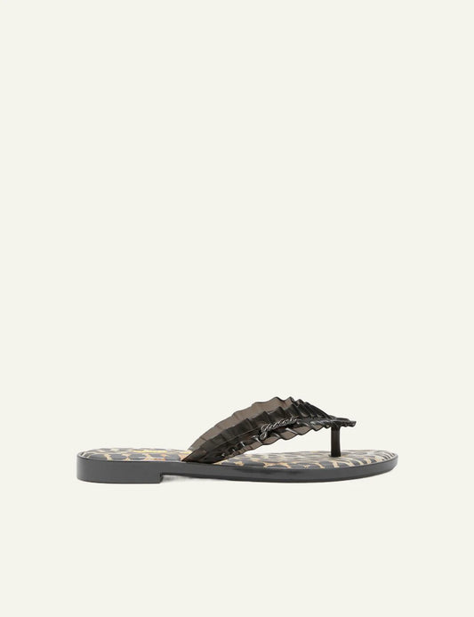 Ganni black flip flop sandal with ruffle strap and graphic footbed side view