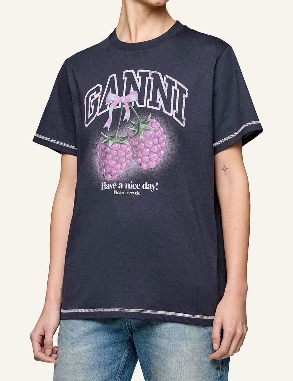 Ganni raspberry print t-shirt phantom dark graphic front model