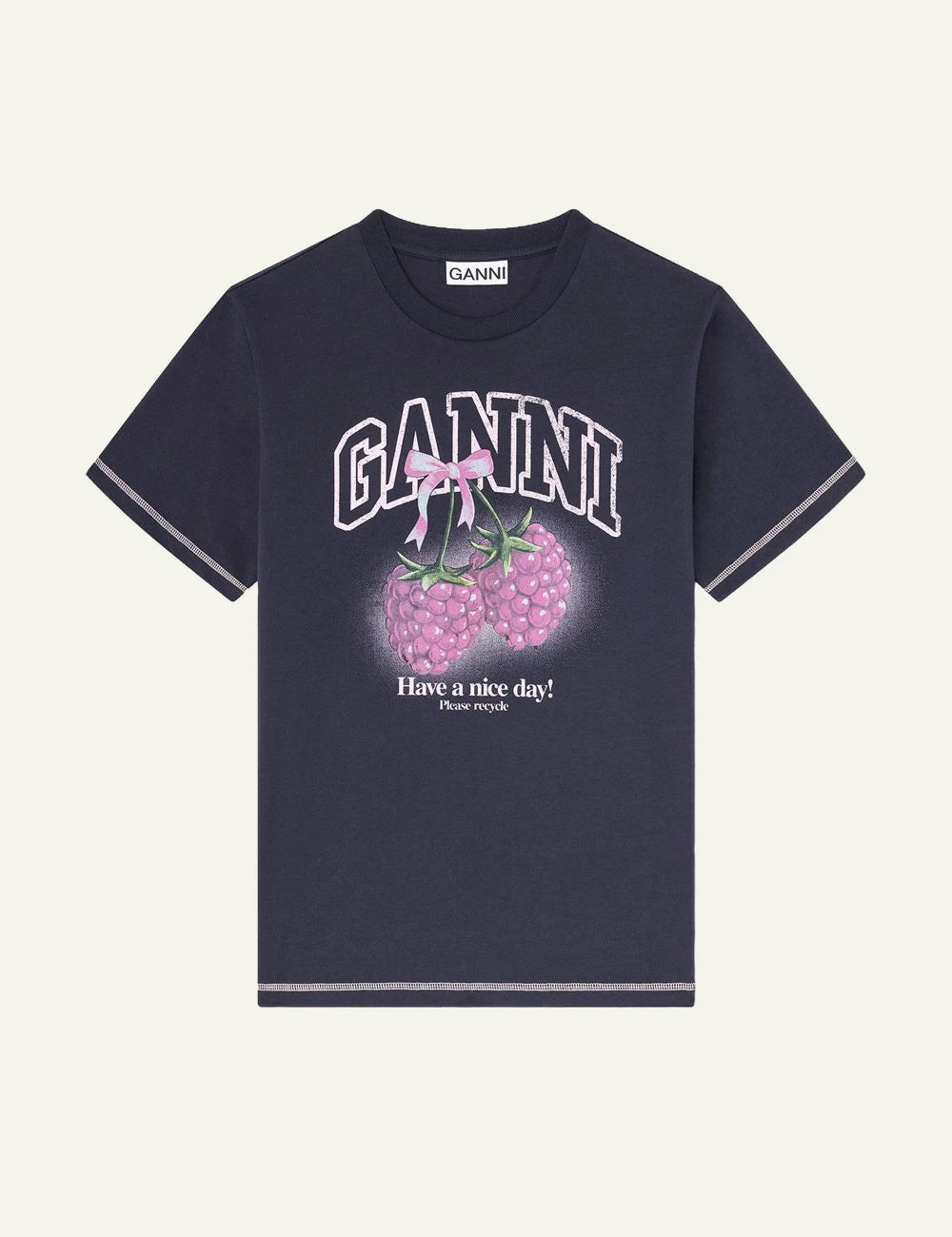 Ganni raspberry print t-shirt phantom dark graphic front
