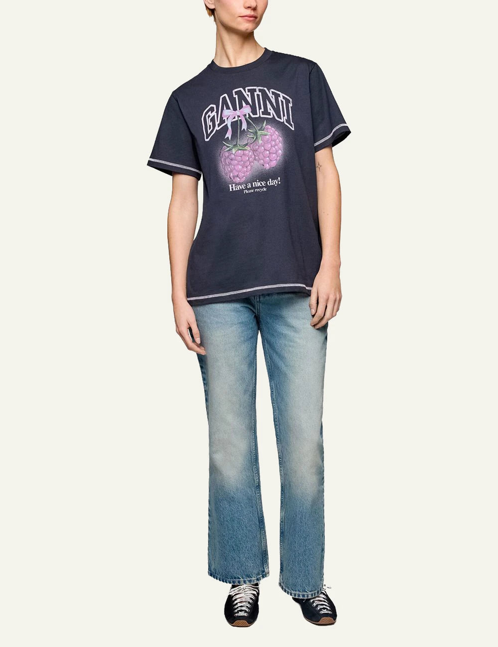 Ganni raspberry print t-shirt phantom dark graphic front full body