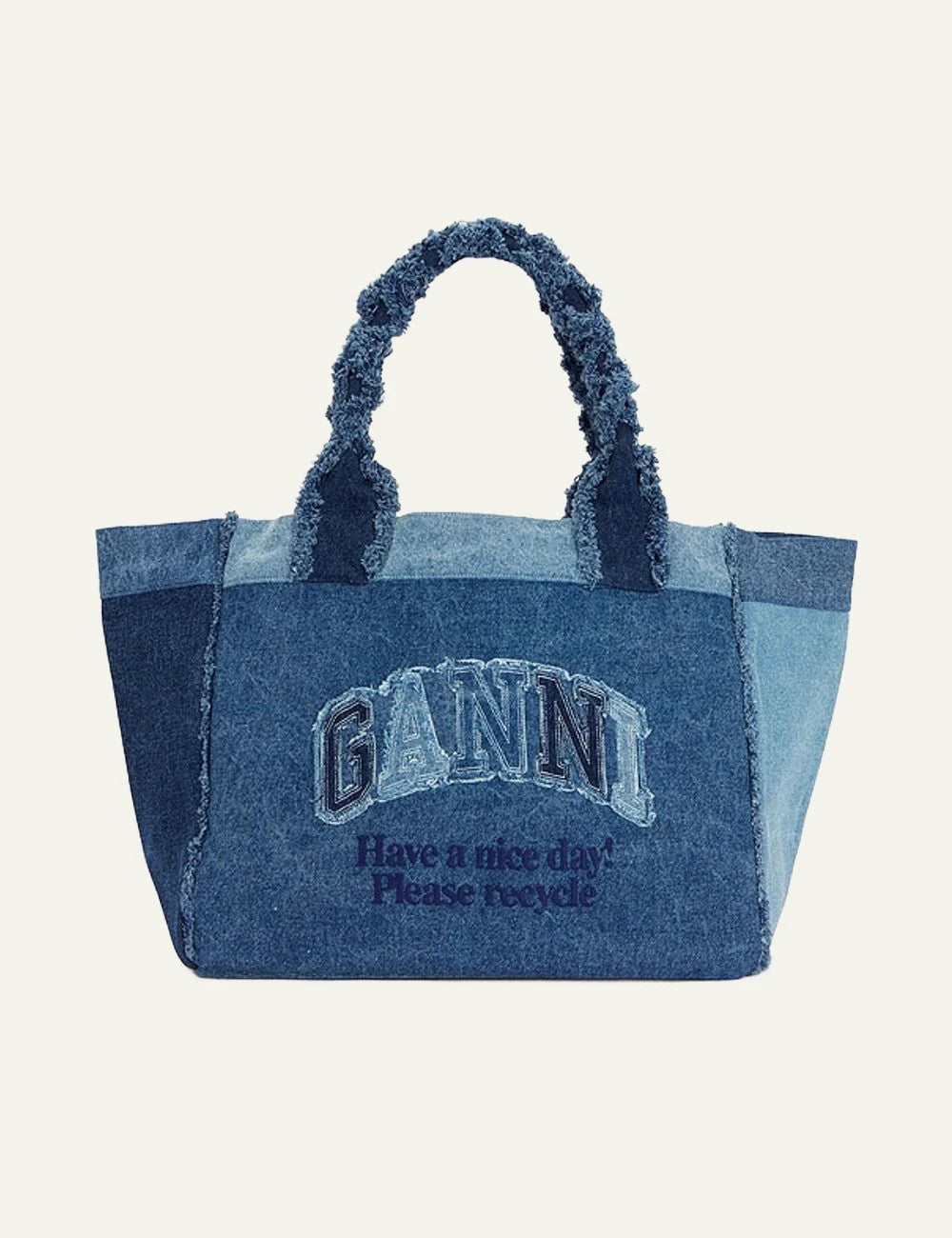 Ganni denim tote bag blue recycled logo embroidery front view