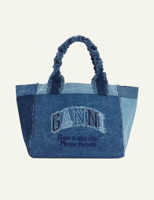 Ganni denim tote bag blue recycled logo embroidery front view