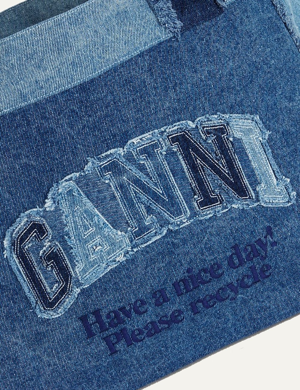 Ganni denim tote bag blue recycled logo embroidery front detail view