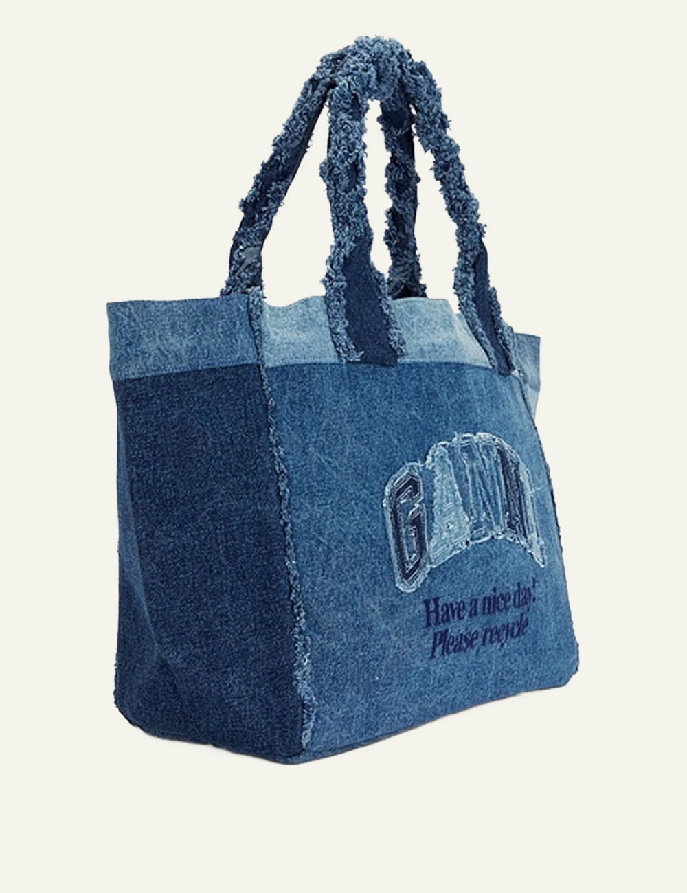 Ganni denim tote bag blue recycled logo embroidery side view