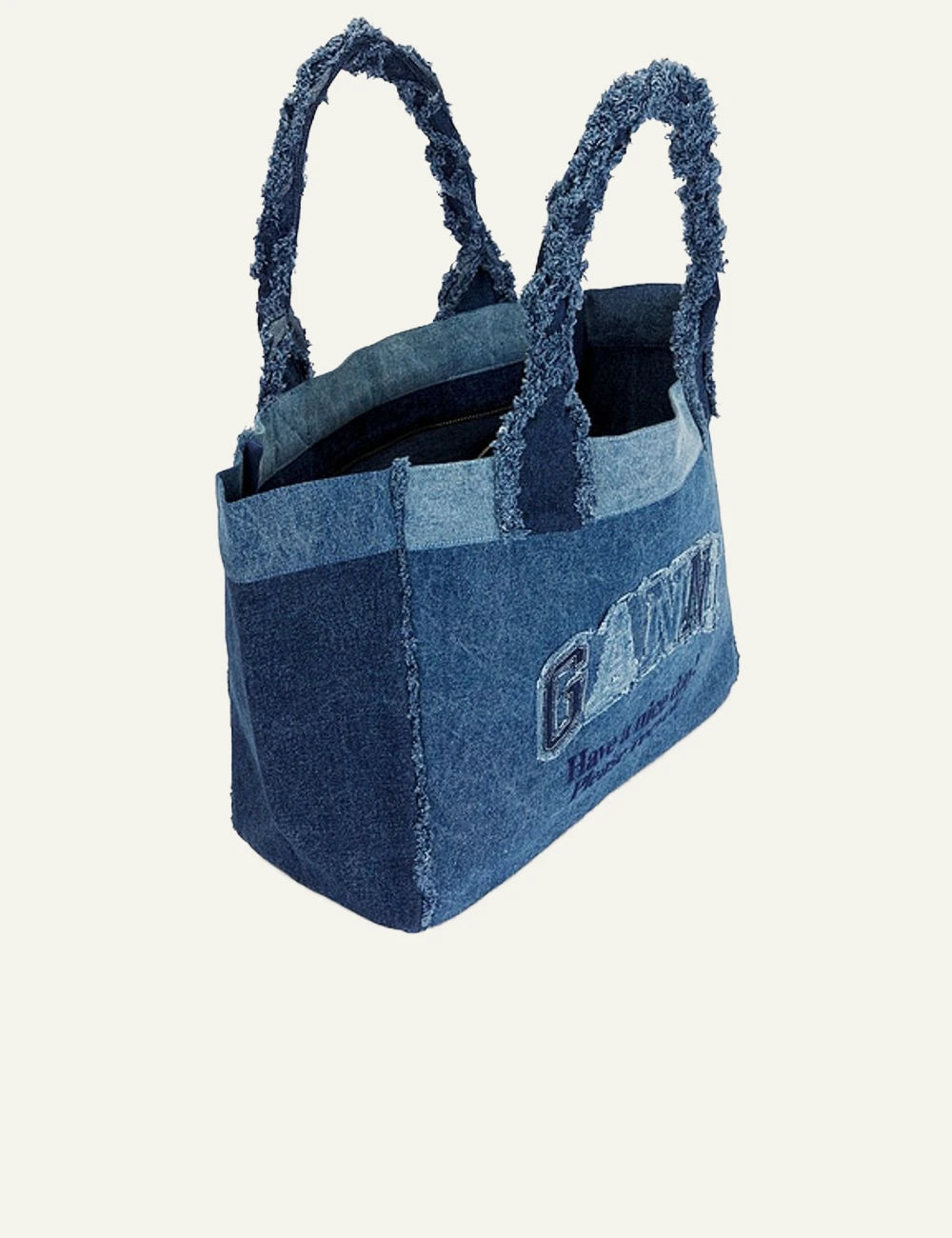 Ganni denim tote bag blue recycled logo embroidery side view