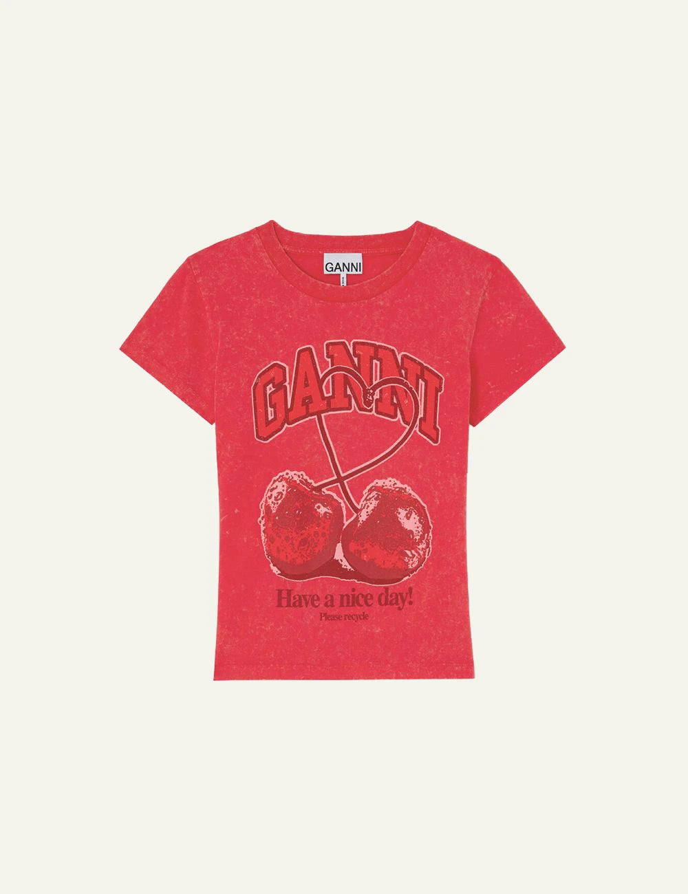 Ganni red t-shirt with cherry graphic print and logo front view