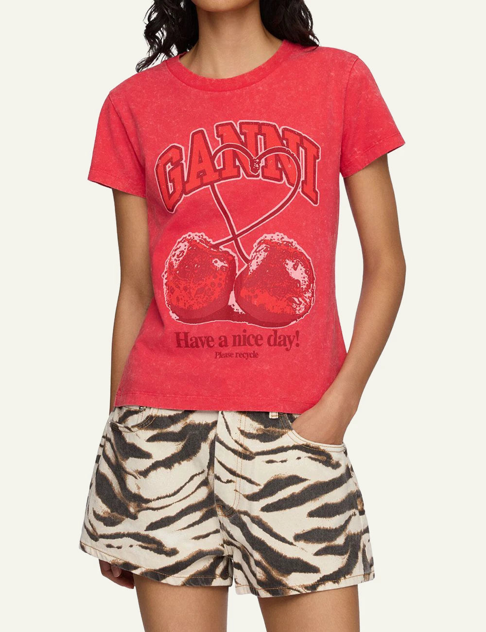Ganni red t-shirt with cherry graphic print and logo front model view