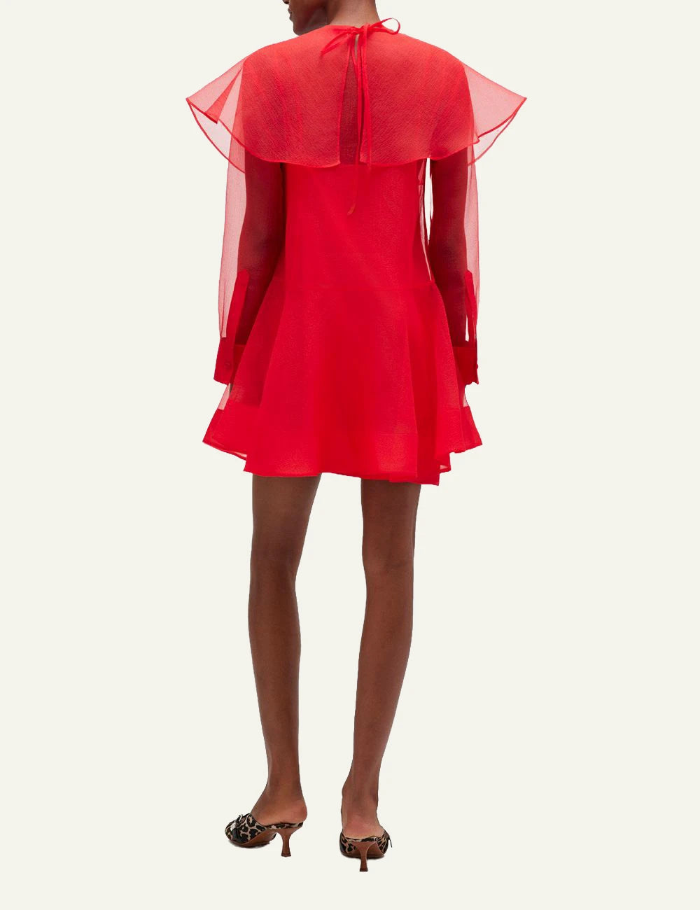 Ganni red mini dress sheer fabric back view with button closure