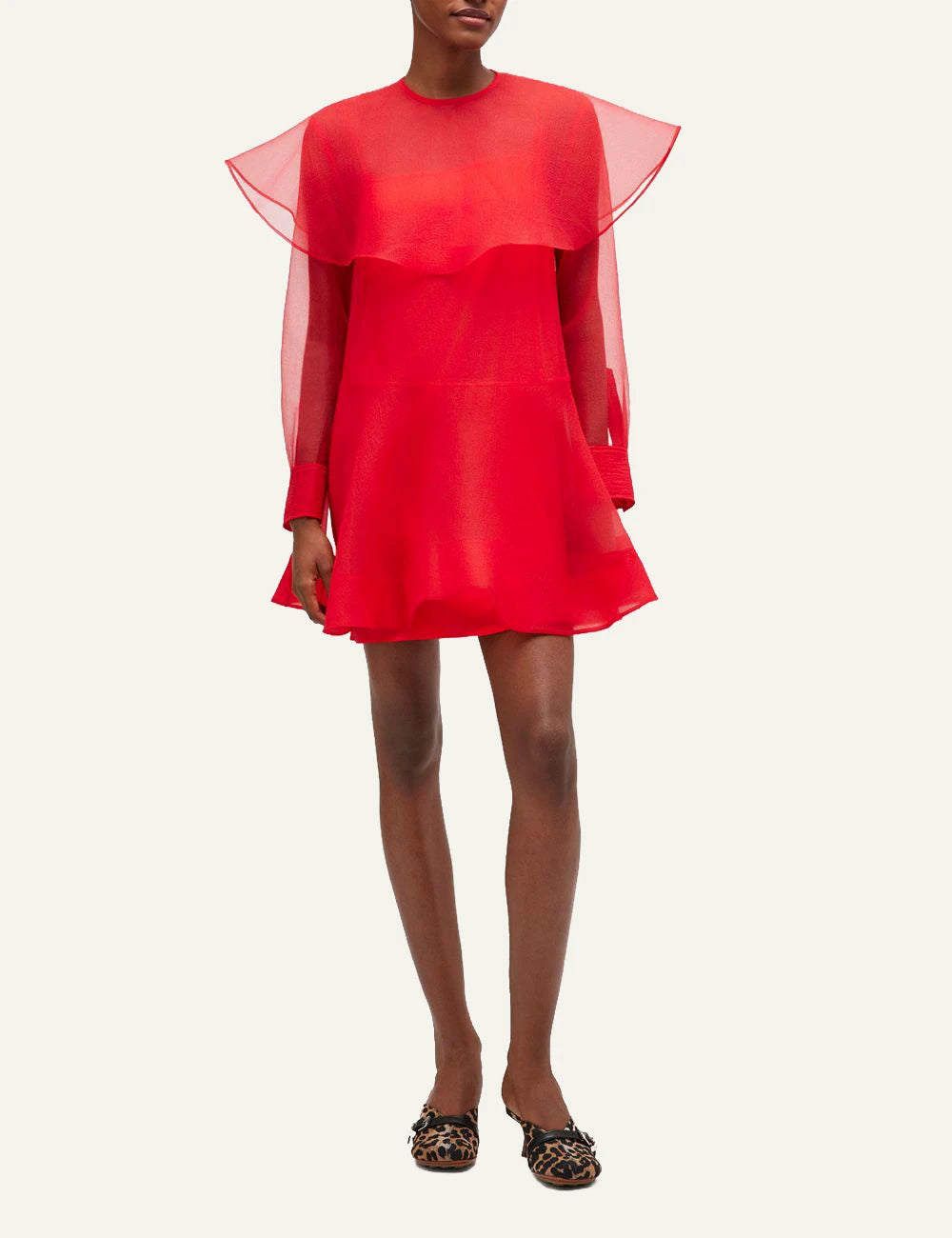 Ganni sheer mini dress red front view worn on model