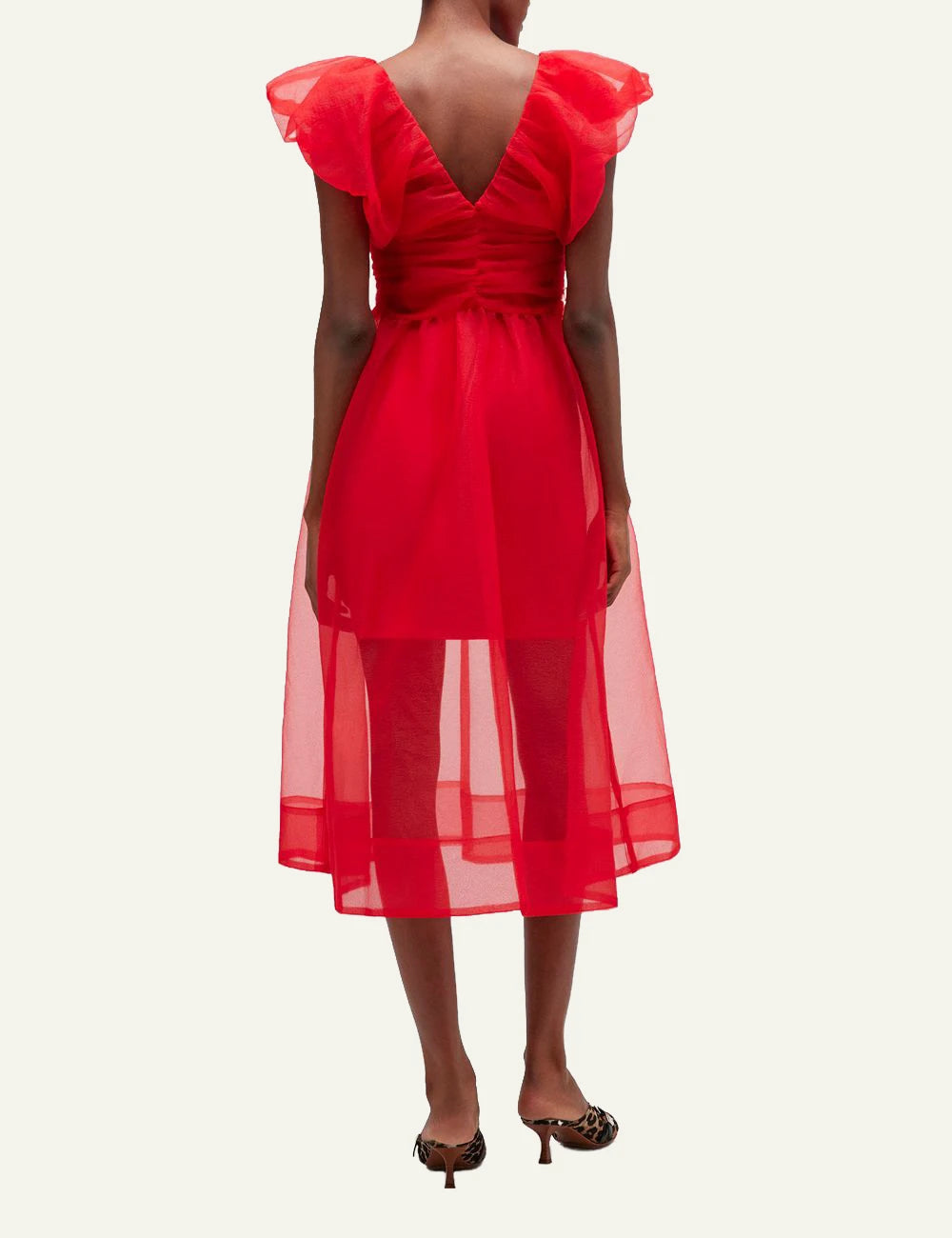 Ganni red puff sleeve dress fabric detail close up back