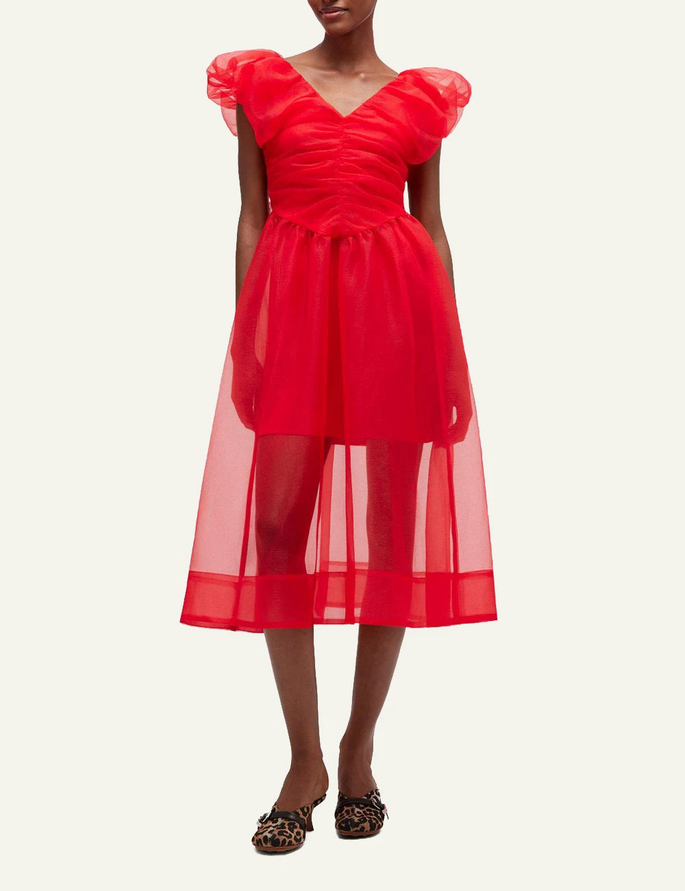 Ganni red sheer midi dress front view worn on model