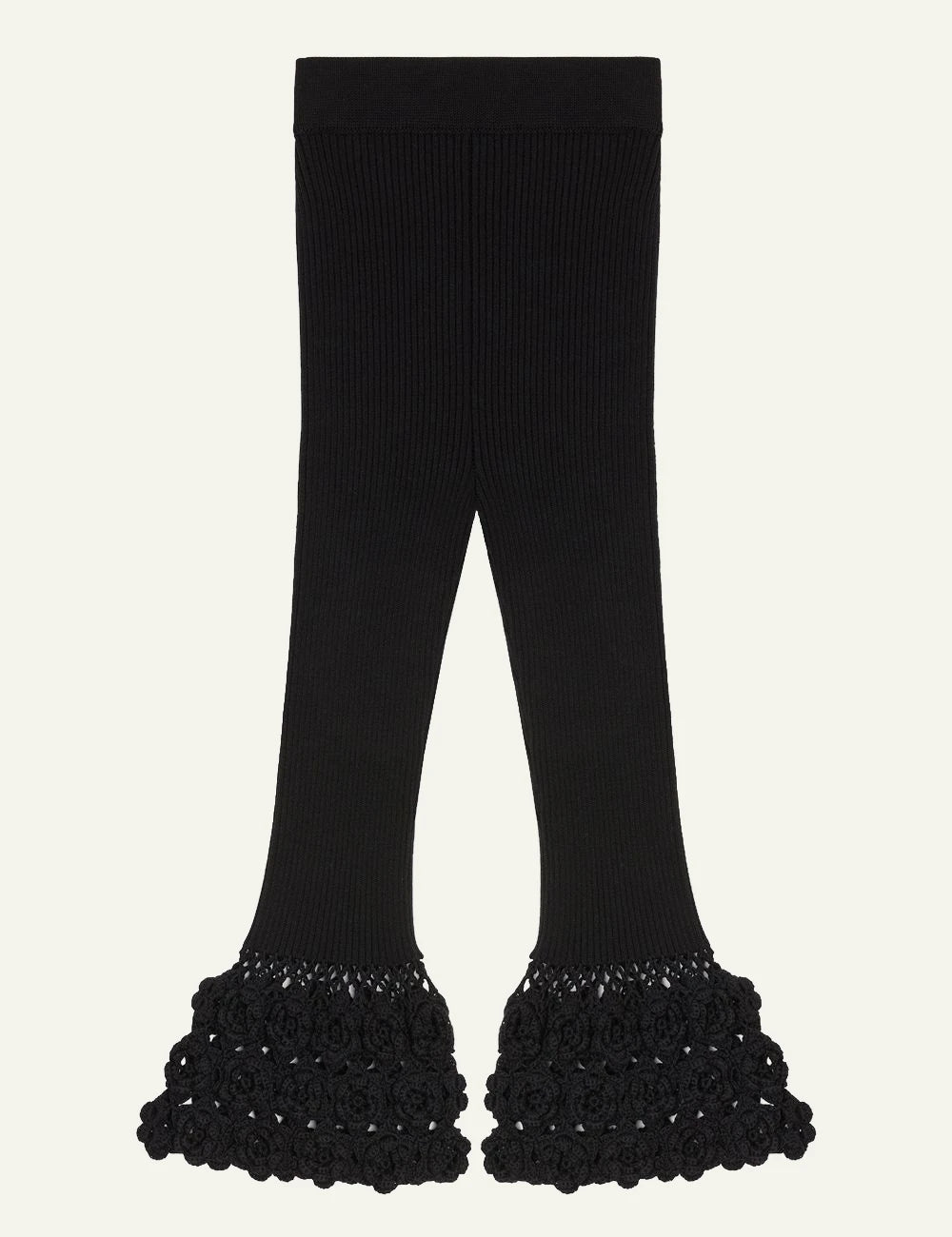 Ganni rib crochet pants black flared knit hem detail front view